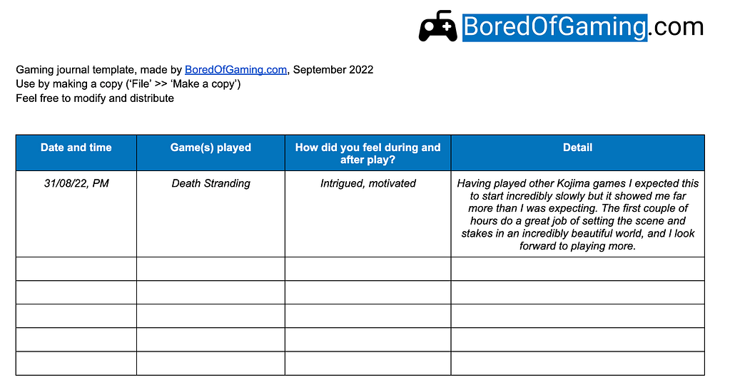 BoredofGaming.com gaming journal template