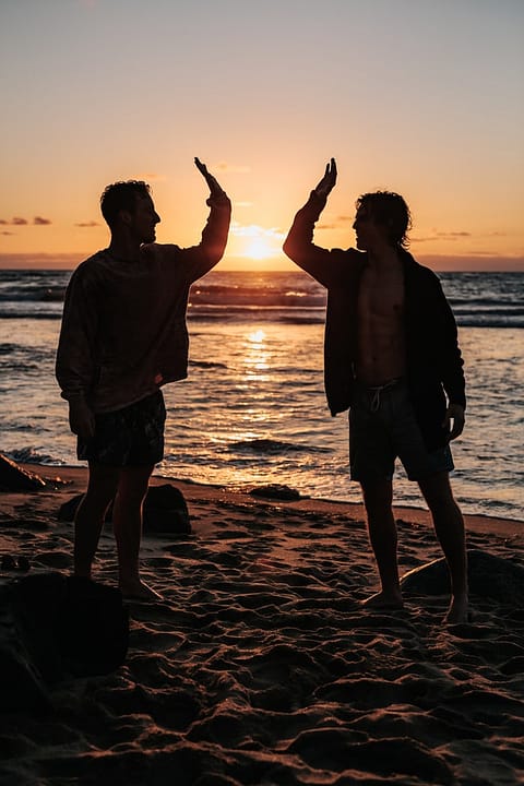 Two men high fiving in the sunset
