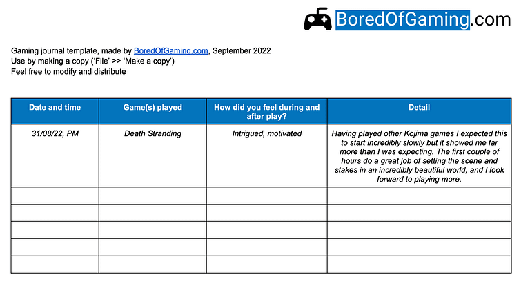 BoredofGaming.com gaming journal template